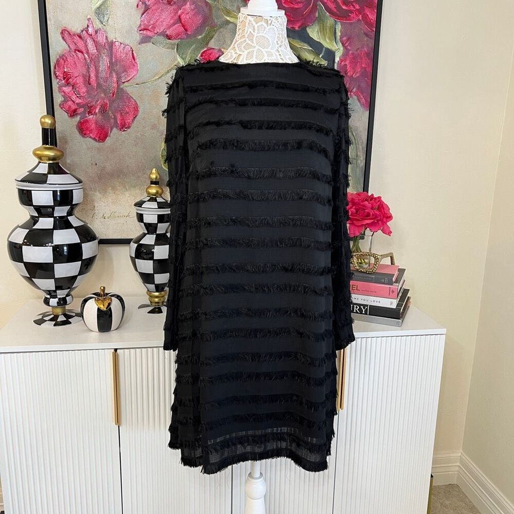 Donna Degnan Women's Fringe Detail Bell Sleeve Shift Dress Black Size 4